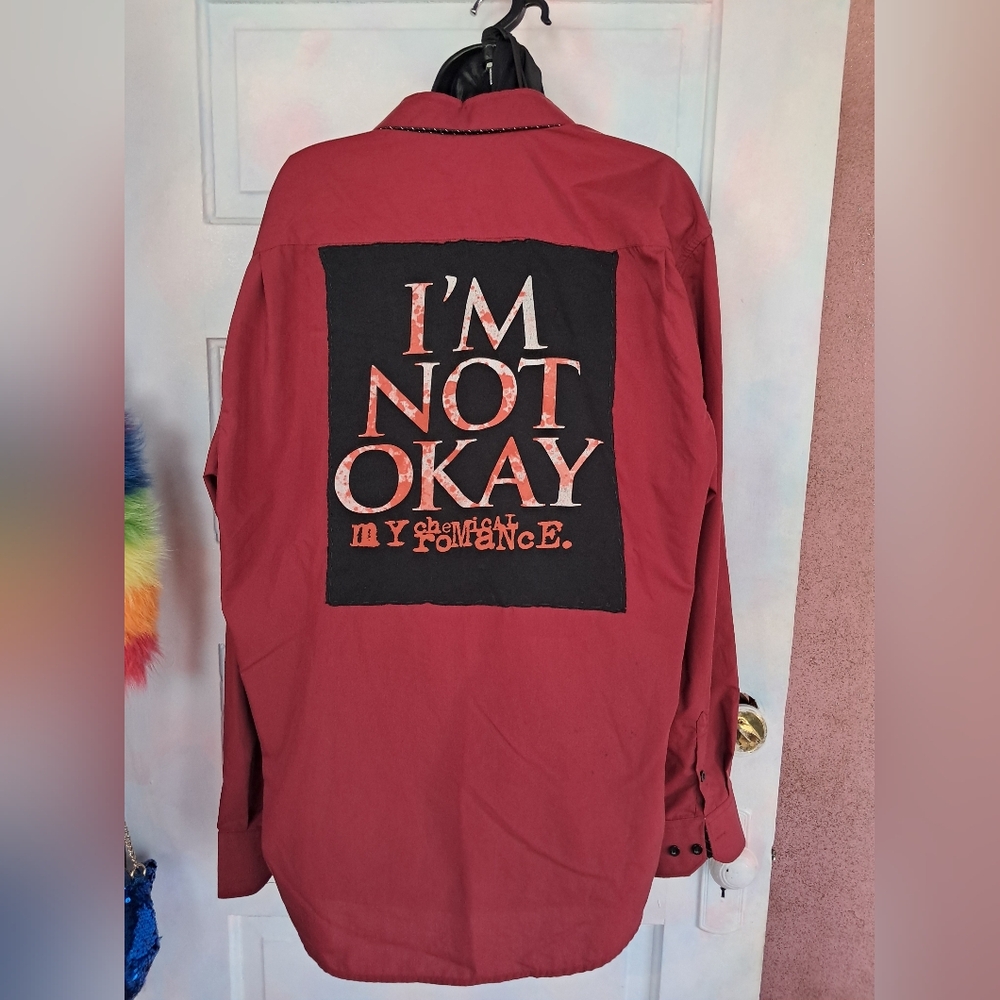 Custom RAGE My Chem Ro "Im Not Okay" Mens Burgundy Dress Shirt- Emo Goth OOAK XL